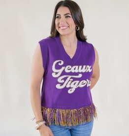 Queen of Sparkles Licensed LSU Geaux Tigers Feather Bottom Sweater Tank