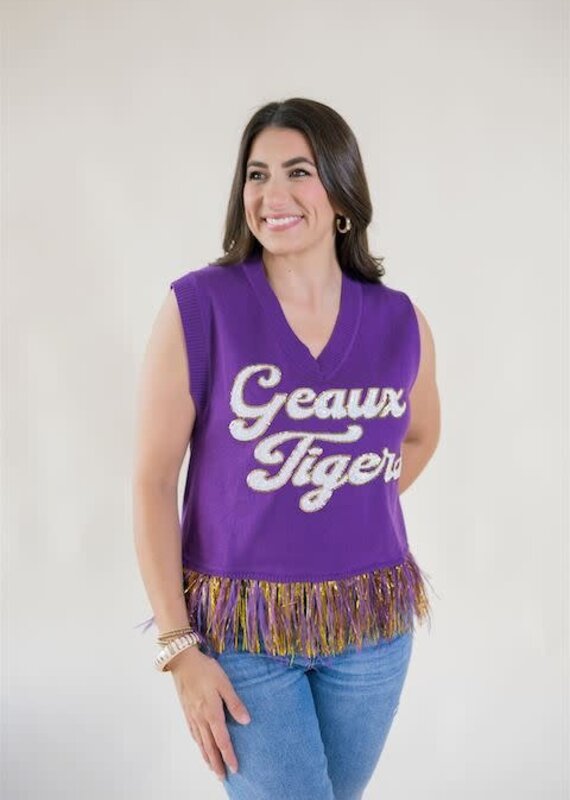 Queen of Sparkles Licensed LSU Geaux Tigers Feather Bottom Sweater Tank