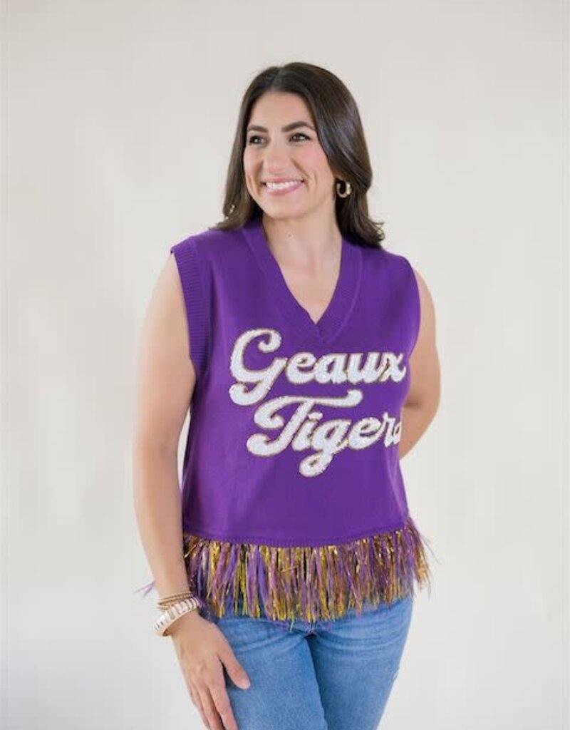 Queen of Sparkles Licensed LSU Geaux Tigers Feather Bottom Sweater Tank
