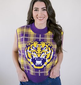 Queen of Sparkles Licensed Purple & Gold Plaid LSU Sweater Vest
