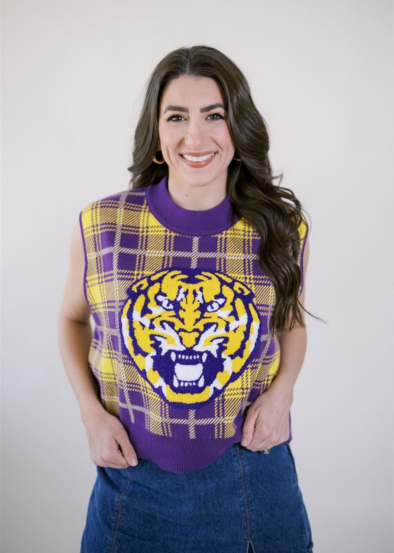 Queen of Sparkles Licensed Purple & Gold Plaid LSU Sweater Vest
