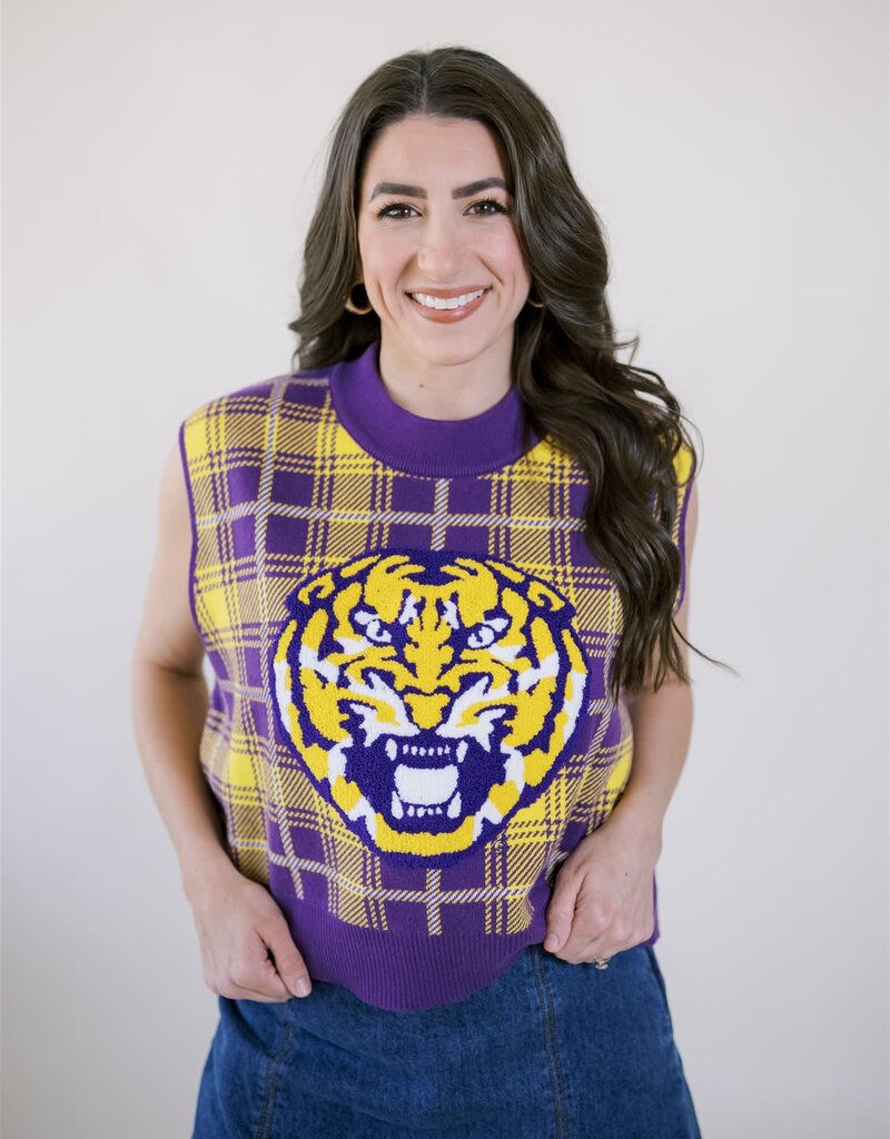Queen of Sparkles Licensed Purple & Gold Plaid LSU Sweater Vest