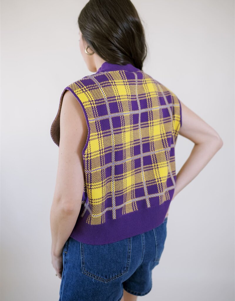 Queen of Sparkles Licensed Purple & Gold Plaid LSU Sweater Vest