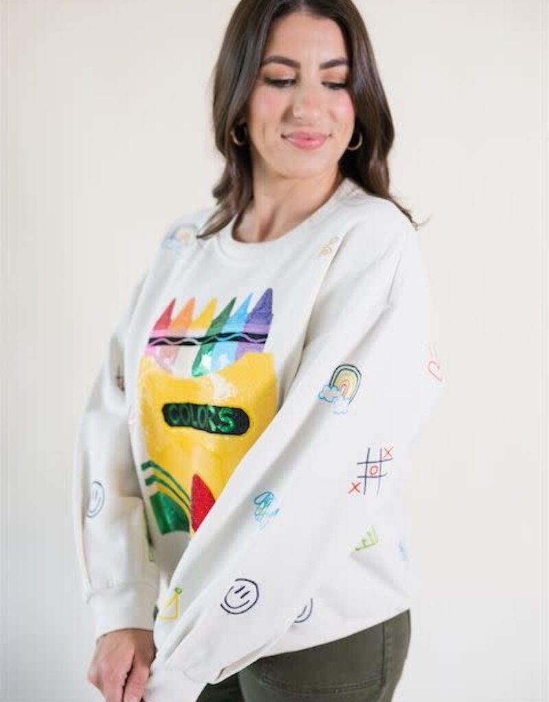 Queen of Sparkles Beige Multi Crayon & Doodle Sweatshirt