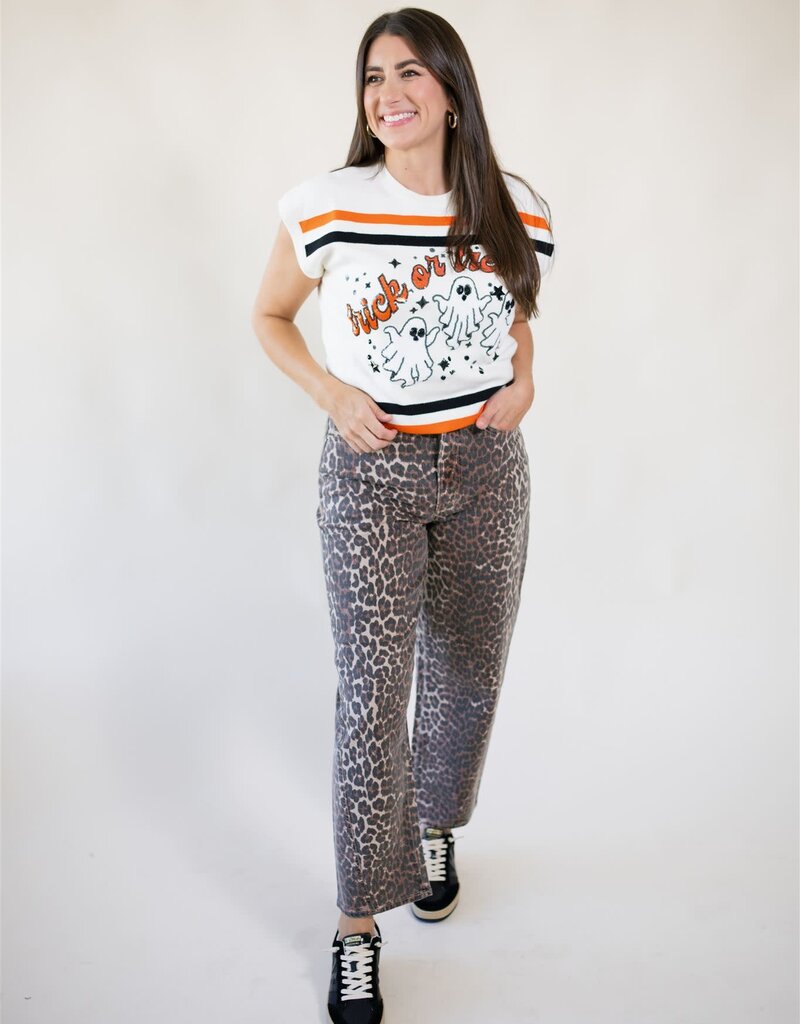 Queen of Sparkles White, Black, & Orange Stripe Trick or Treat Top