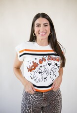 Queen of Sparkles White, Black, & Orange Stripe Trick or Treat Top