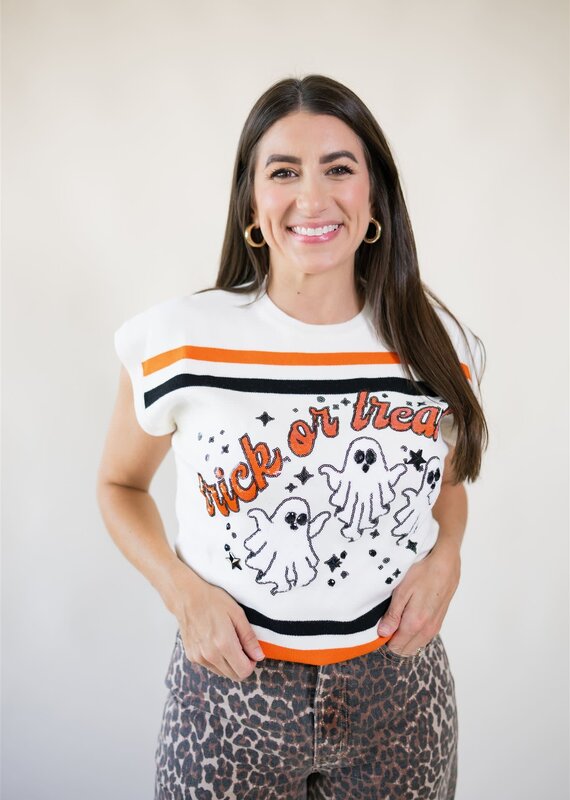 Queen of Sparkles White, Black, & Orange Stripe Trick or Treat Top