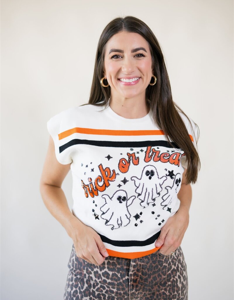 Queen of Sparkles White, Black, & Orange Stripe Trick or Treat Top