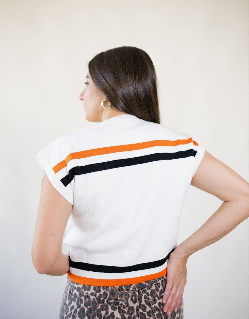 Queen of Sparkles White, Black, & Orange Stripe Trick or Treat Top