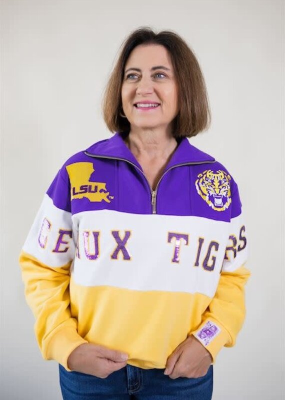 Queen of Sparkles Licensed LSU Quarter Zip Colorblock Sweatshirt
