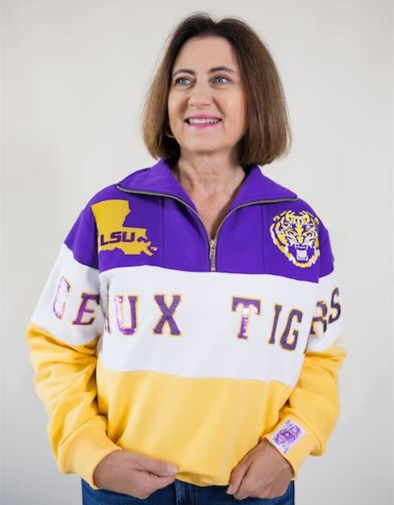 Queen of Sparkles Licensed LSU Quarter Zip Colorblock Sweatshirt