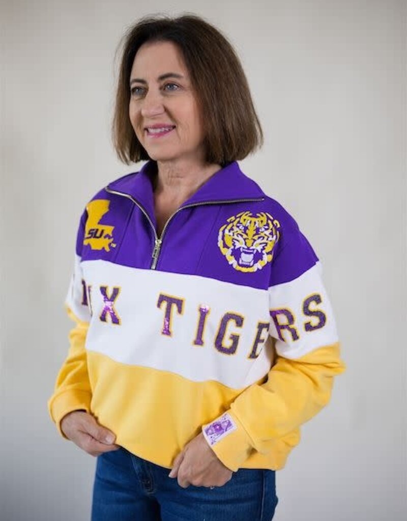 Queen of Sparkles Licensed LSU Quarter Zip Colorblock Sweatshirt