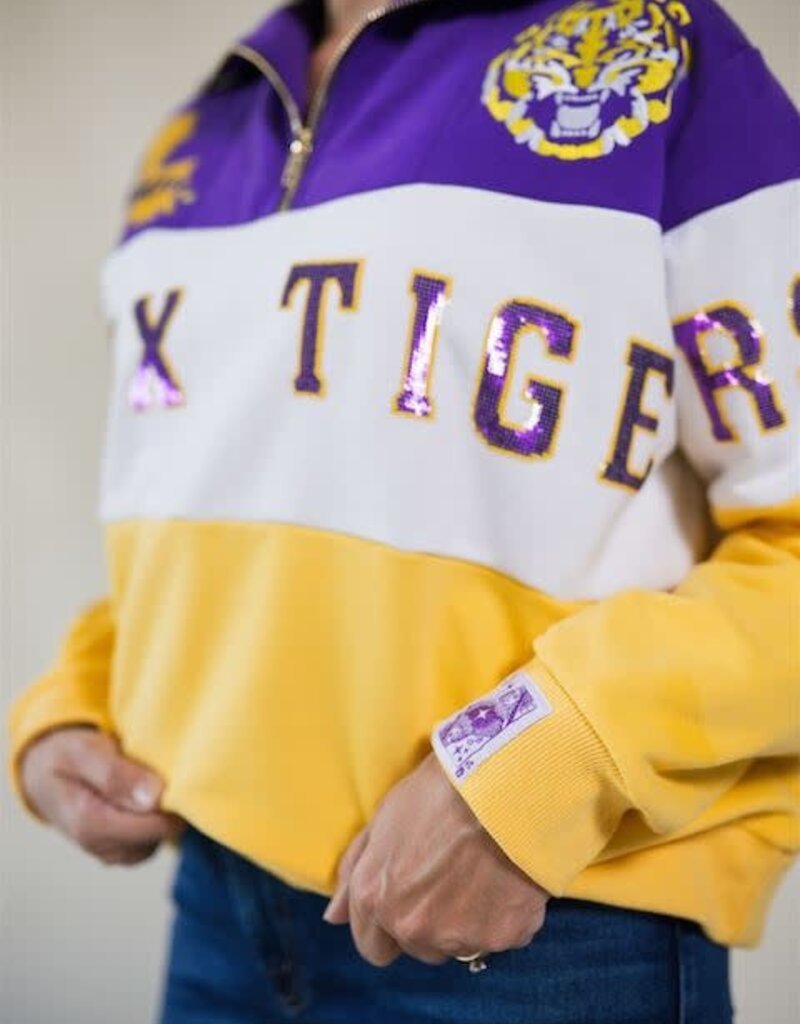 Queen of Sparkles Licensed LSU Quarter Zip Colorblock Sweatshirt