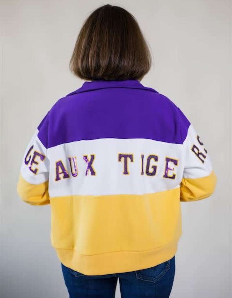 Queen of Sparkles Licensed LSU Quarter Zip Colorblock Sweatshirt