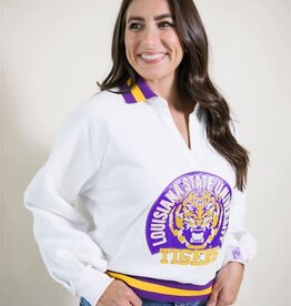 Queen of Sparkles LSU Striped Collar Mascot Sweatshirt