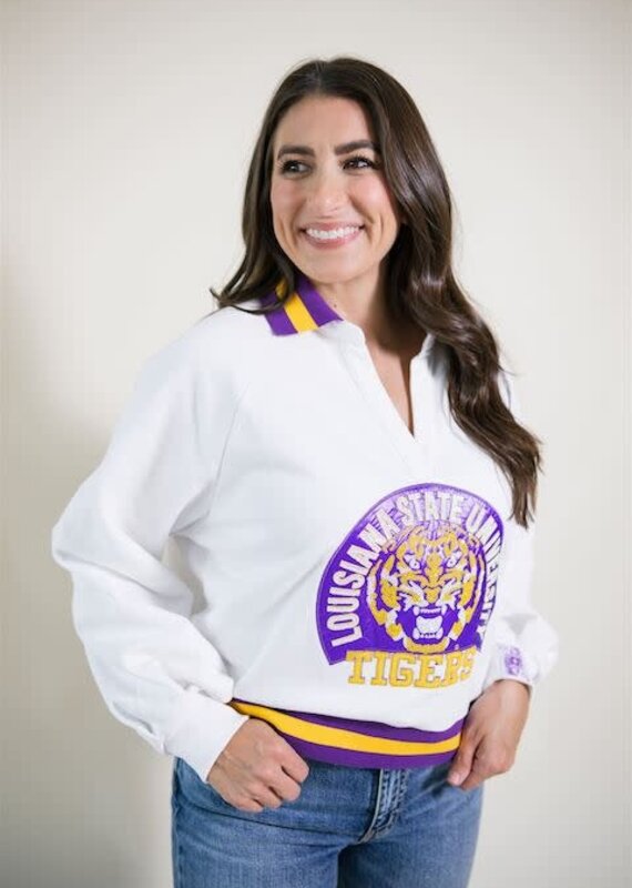 Queen of Sparkles LSU Striped Collar Mascot Sweatshirt