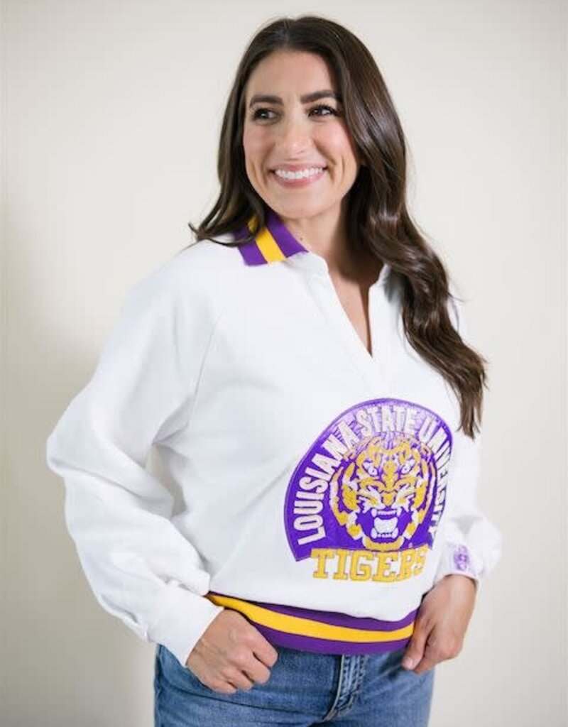 Queen of Sparkles LSU Striped Collar Mascot Sweatshirt