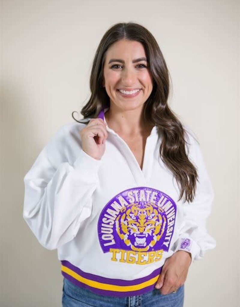 Queen of Sparkles LSU Striped Collar Mascot Sweatshirt