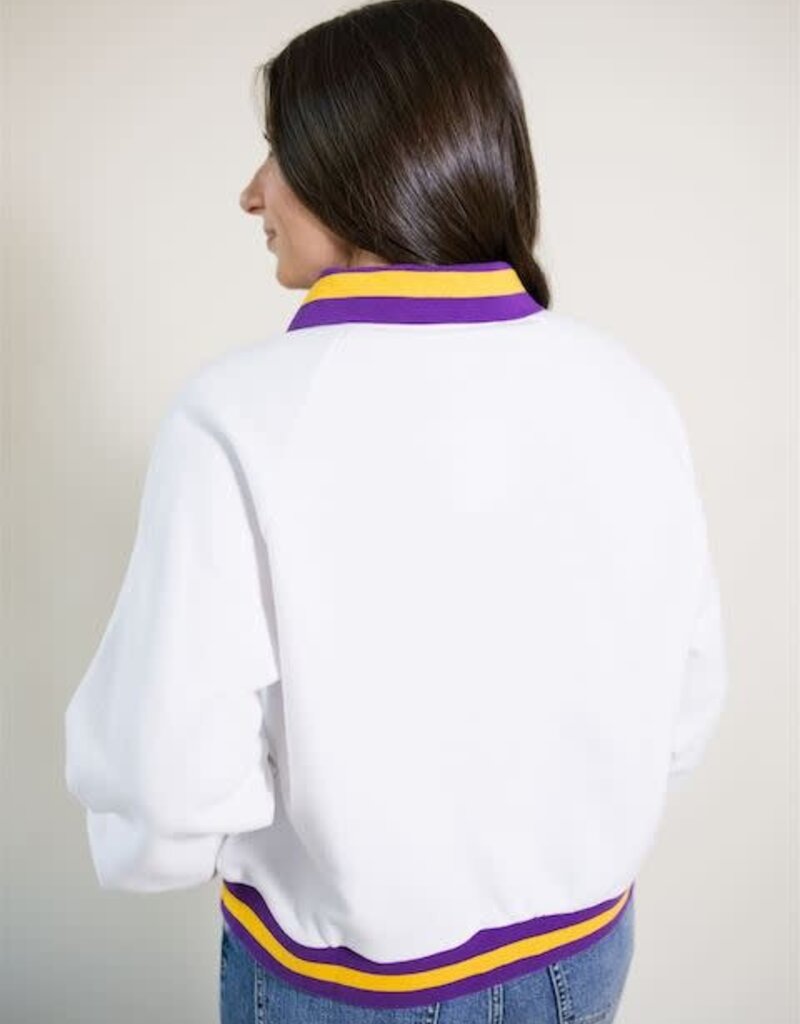 Queen of Sparkles LSU Striped Collar Mascot Sweatshirt