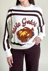 Queen of Sparkles White & Brown Stripe "Gobble" L/S Sweater