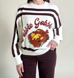 Queen of Sparkles White & Brown Stripe "Gobble" L/S Sweater