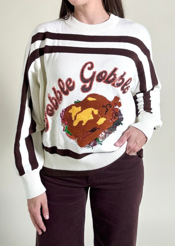 Queen of Sparkles White & Brown Stripe "Gobble" L/S Sweater