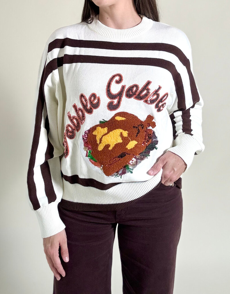 Queen of Sparkles White & Brown Stripe "Gobble" L/S Sweater
