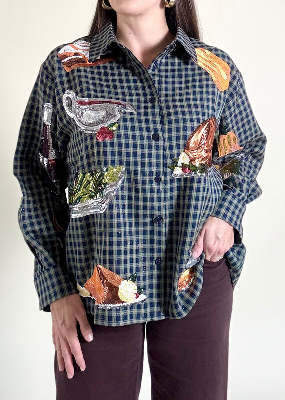 Queen of Sparkles Navy Plaid Queen of Turkey Button Up