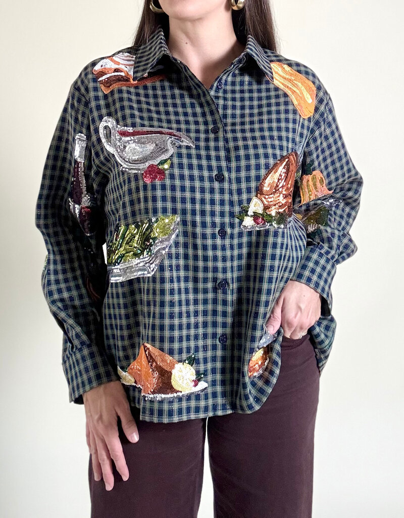 Queen of Sparkles Navy Plaid Queen of Turkey Button Up
