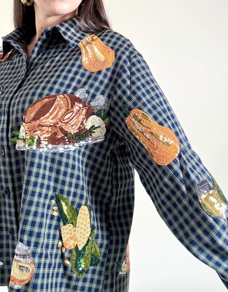 Queen of Sparkles Navy Plaid Queen of Turkey Button Up