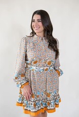 Border Print Belted Dress Ivory
