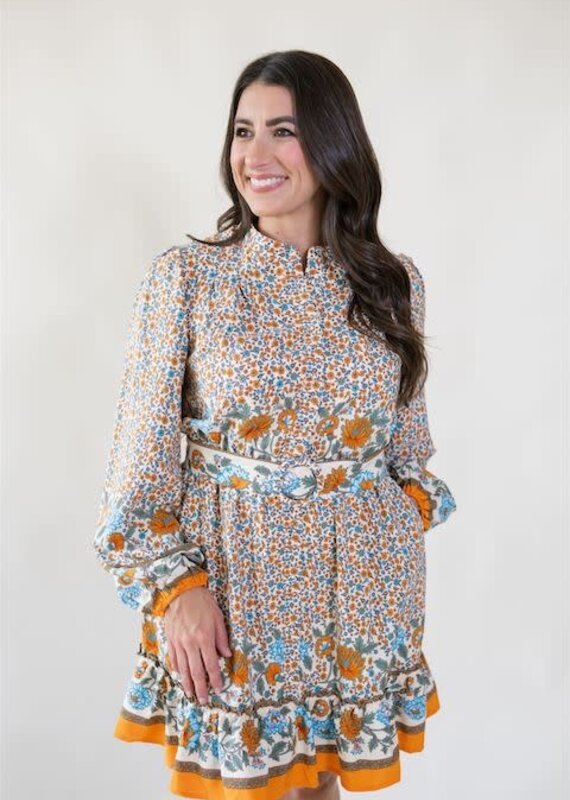 Border Print Belted Dress Ivory