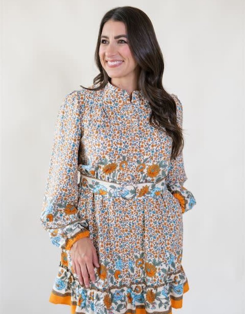 Border Print Belted Dress Ivory