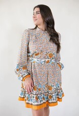 Border Print Belted Dress Ivory