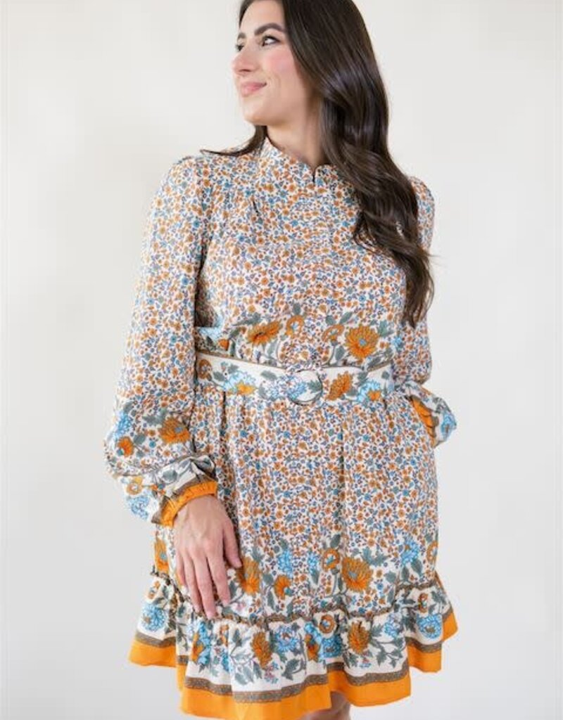 Border Print Belted Dress Ivory