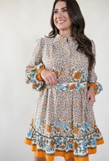 Border Print Belted Dress Ivory