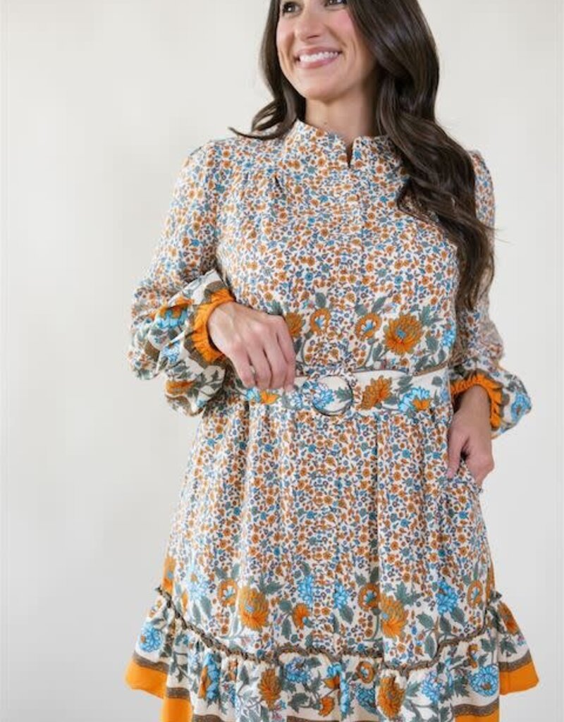 Border Print Belted Dress Ivory