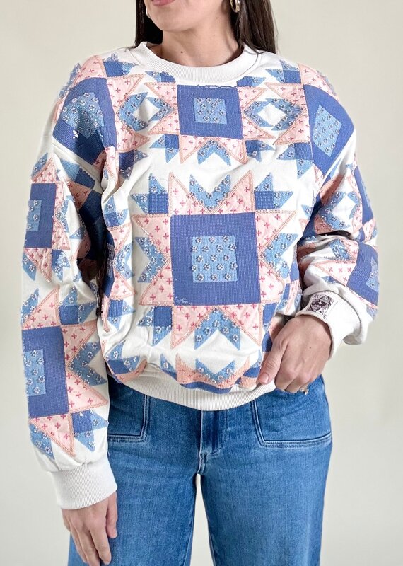 Queen of Sparkles Ivory, Blue, & Light Pink Patchwork Sweatshirt