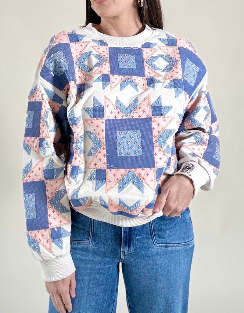 Queen of Sparkles Ivory, Blue, & Light Pink Patchwork Sweatshirt
