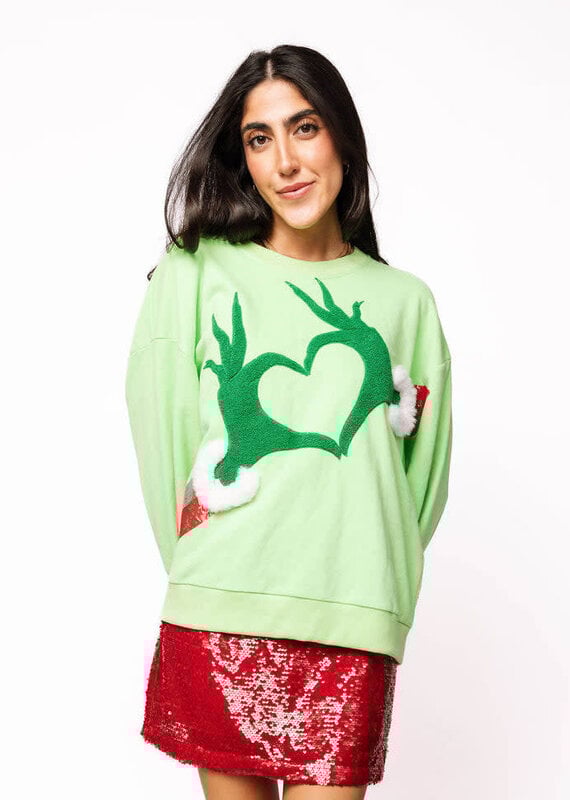Queen of Sparkles Green Grinch Heart Hands Sweatshirt