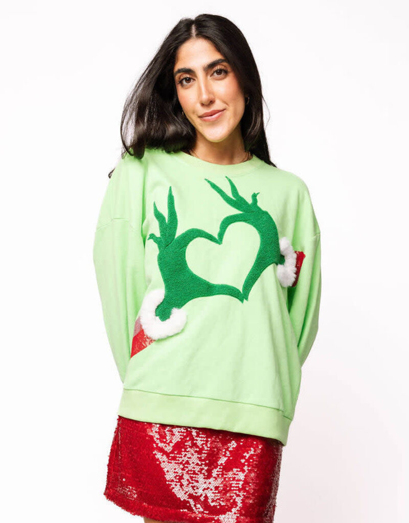 Queen of Sparkles Green Grinch Heart Hands Sweatshirt