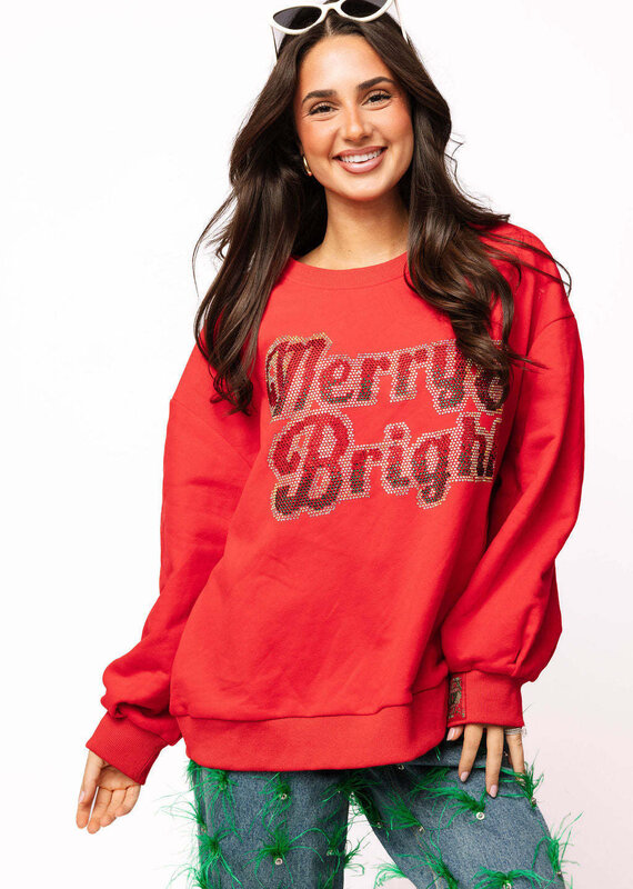 Queen of Sparkles Red Rhinestone "Merry & Bright" Sweatshirt