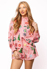 Queen of Sparkles Light Pink & Red Stripe Christmas Icons Button Up
