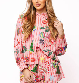 Queen of Sparkles Light Pink & Red Stripe Christmas Icons Button Up