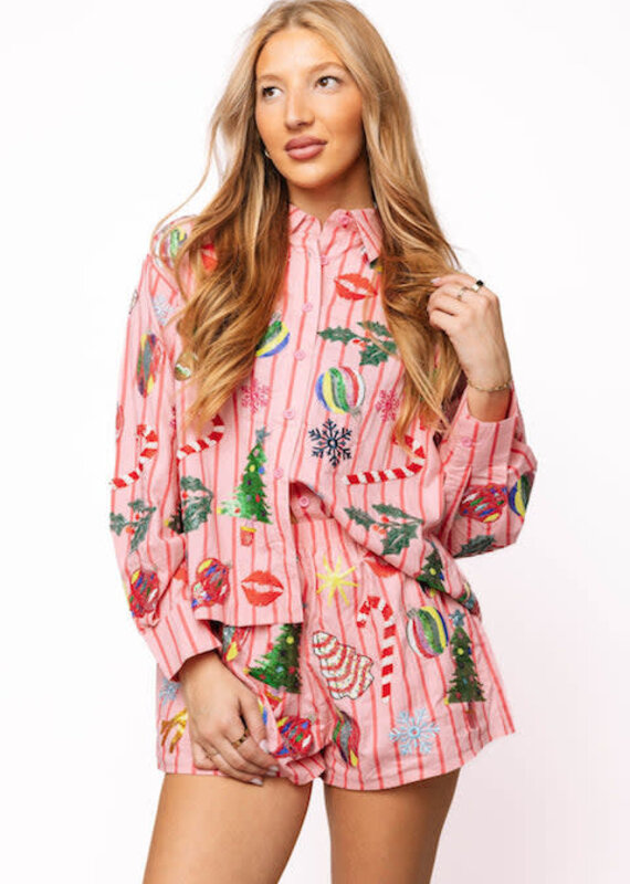 Queen of Sparkles Light Pink & Red Stripe Christmas Icons Button Up