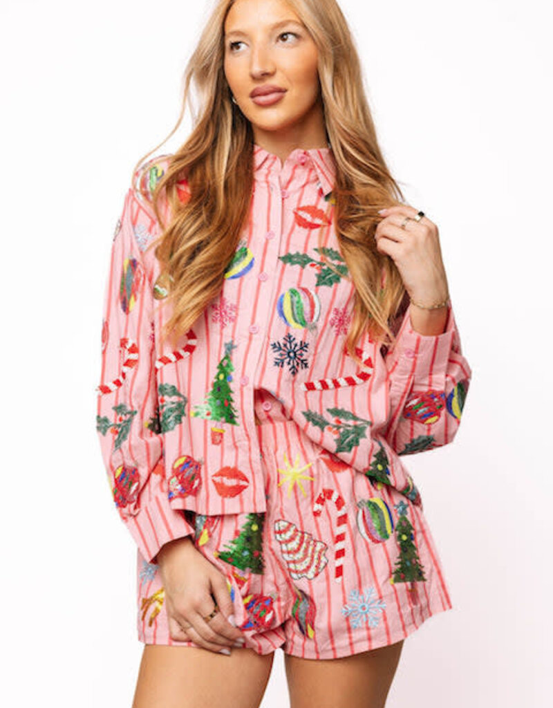 Queen of Sparkles Light Pink & Red Stripe Christmas Icons Button Up
