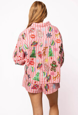 Queen of Sparkles Light Pink & Red Stripe Christmas Icons Button Up