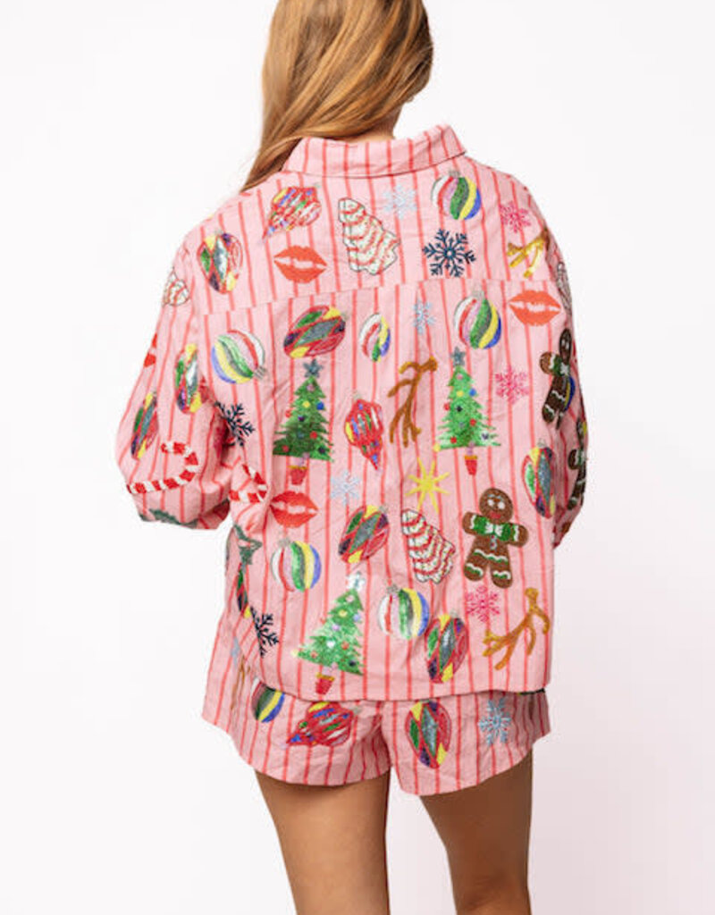 Queen of Sparkles Light Pink & Red Stripe Christmas Icons Button Up