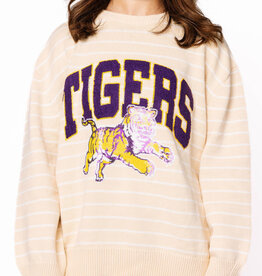 Queen of Sparkles Licensed LSU Beige Stripe Vintage Team Sweater