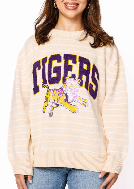 Queen of Sparkles Licensed LSU Beige Stripe Vintage Team Sweater